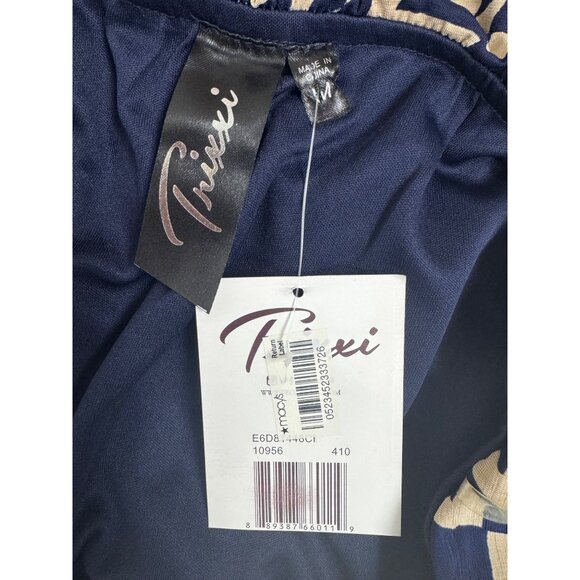 Size Medium NEW NAVY BLUE/TAN GEOMETRIC PRINT STRAPLESS BLOUSON MAXI DRESS - Picture 6 of 6